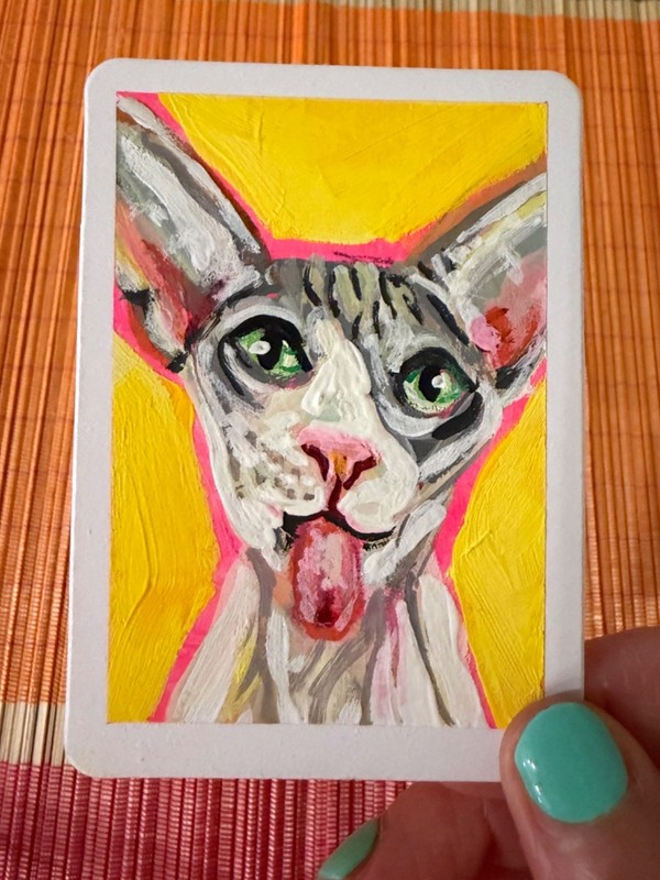 ACEO ORIGINAL HAIRLESS CAT SERIES 2/8 Gouache PAINTING kleptodog signed art