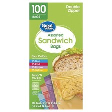Double Zipper Sandwich Bags, Assorted Colors, 100 Count