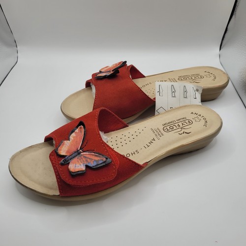 Fly Flot Anti Shock Ladies Sandals Mules Red Suede Leather Adjustable Width... - Picture 7 of 12