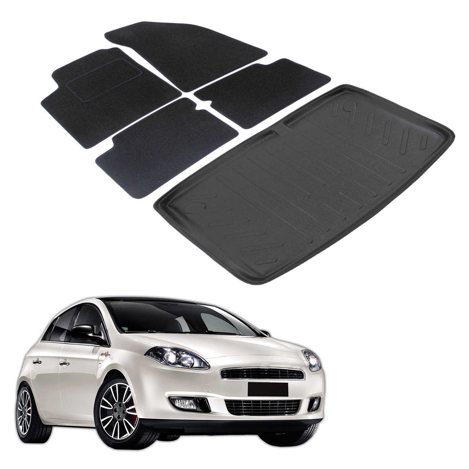 Tapis de voiture et coffre en velours noir pour Fiat Bravo 2007-2014