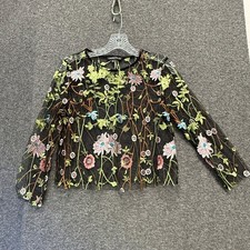 Whimsigoth Fairy Grunge Floral Embroidered Mesh Crop Top Size M Sheer Raw Hem