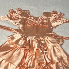 Peach Satin Ball Gown Girls Dress with Bow, Pearls, Ruffles, Puff Sleeve