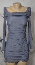 EDIKTED Gray Off The Shoulder Ruched Mini Dress Medium Flared 3/4 Sleeves Lined