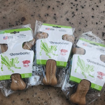 Benebone Dog Chew Wish bone  lot 3 Durable Dog Toy Real Bacon New Medium size