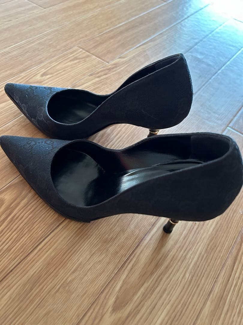 Rare GUCCI Monogram Bamboo Heels Black Leather Women's Size 34.5 (US 4.5)
