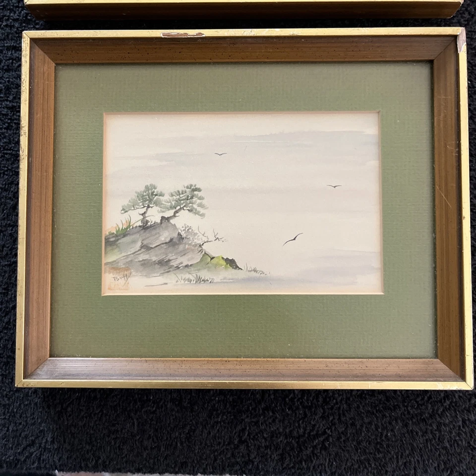 Juego de (2) pinturas originales vintage de paisaje acuarela años 70 y pájaros azules Foto 2 de 4