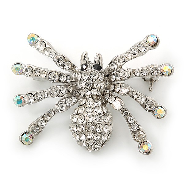 Clear, AB Crystal Spider Brooch In Rhodium Plating - 37mm Width