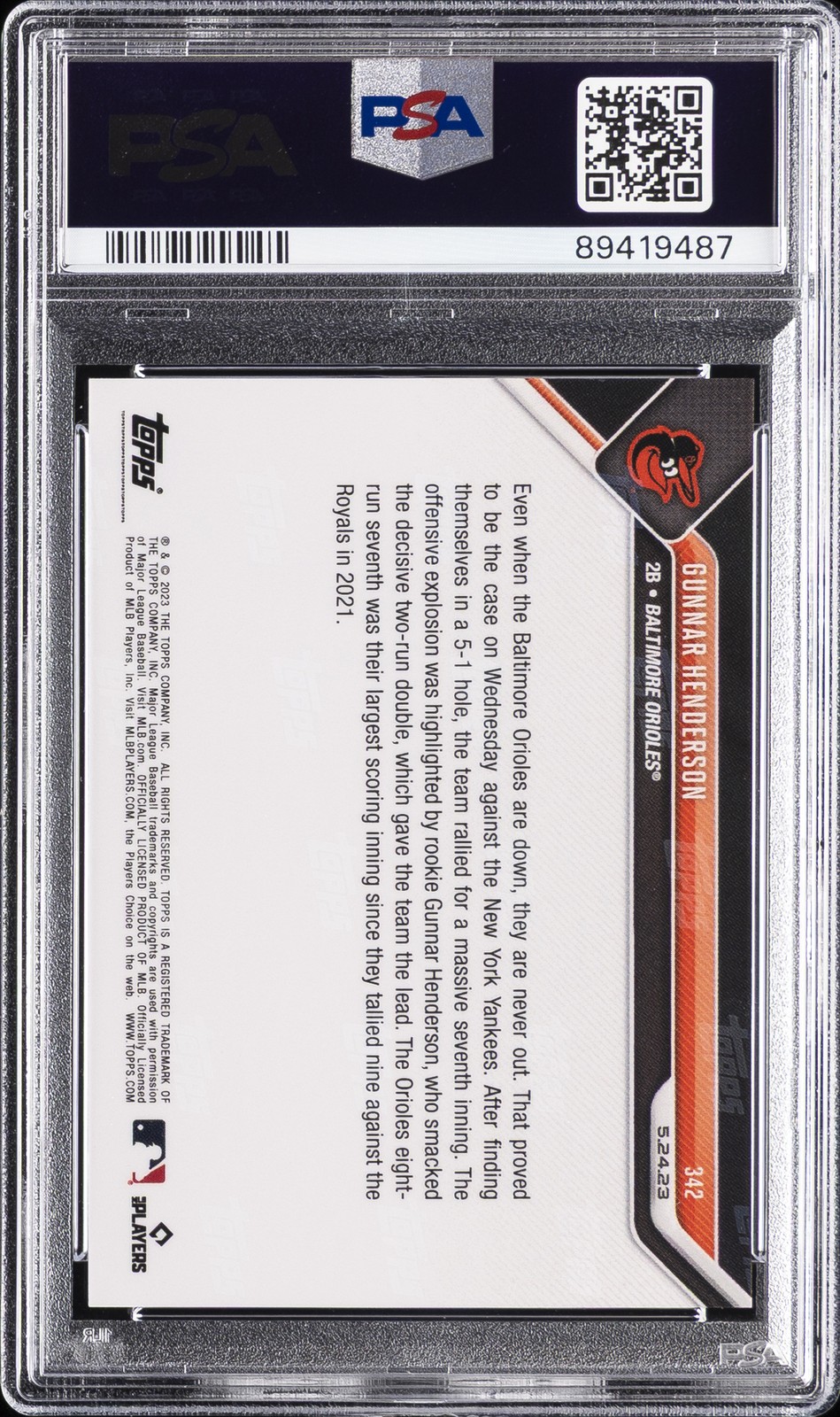 2023 TOPPS NOW #342 GUNNAR HENDERSON ROOKIE RC PSA 10 view 2