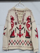 1950s Mary Maxim Canadian Heritage XL Knit Sweater Dragon Achor Boats Cowichan