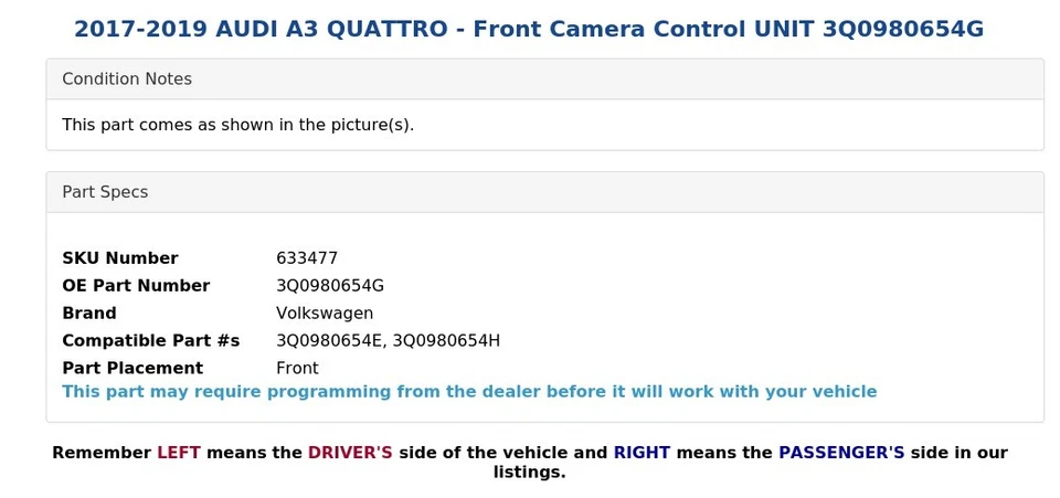 AUDI A3 QUATTRO 2017-2019 - Unidad de control de cámara delantera 3Q0980654G Foto 4 de 4