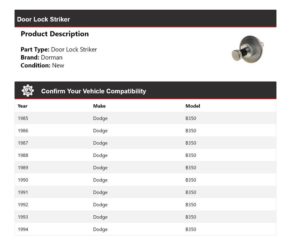 Cerradura de puerta Striker 1986 1987 1988 1989 1990 1991 para Dodge B350 Dorman 1985-1994 Foto 2 de 4