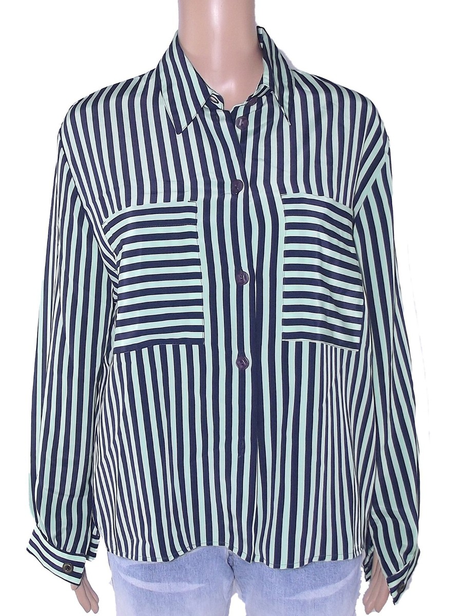 Mary Anne Camicia Donna Verde Righe Vintage Manica Lunga Made