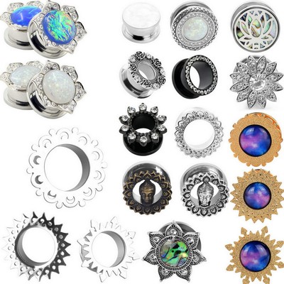 Pair Ear Gauges Stainless Steel Ear Plugs Flesh Tunnels Gem Flower Shell 6-25MM