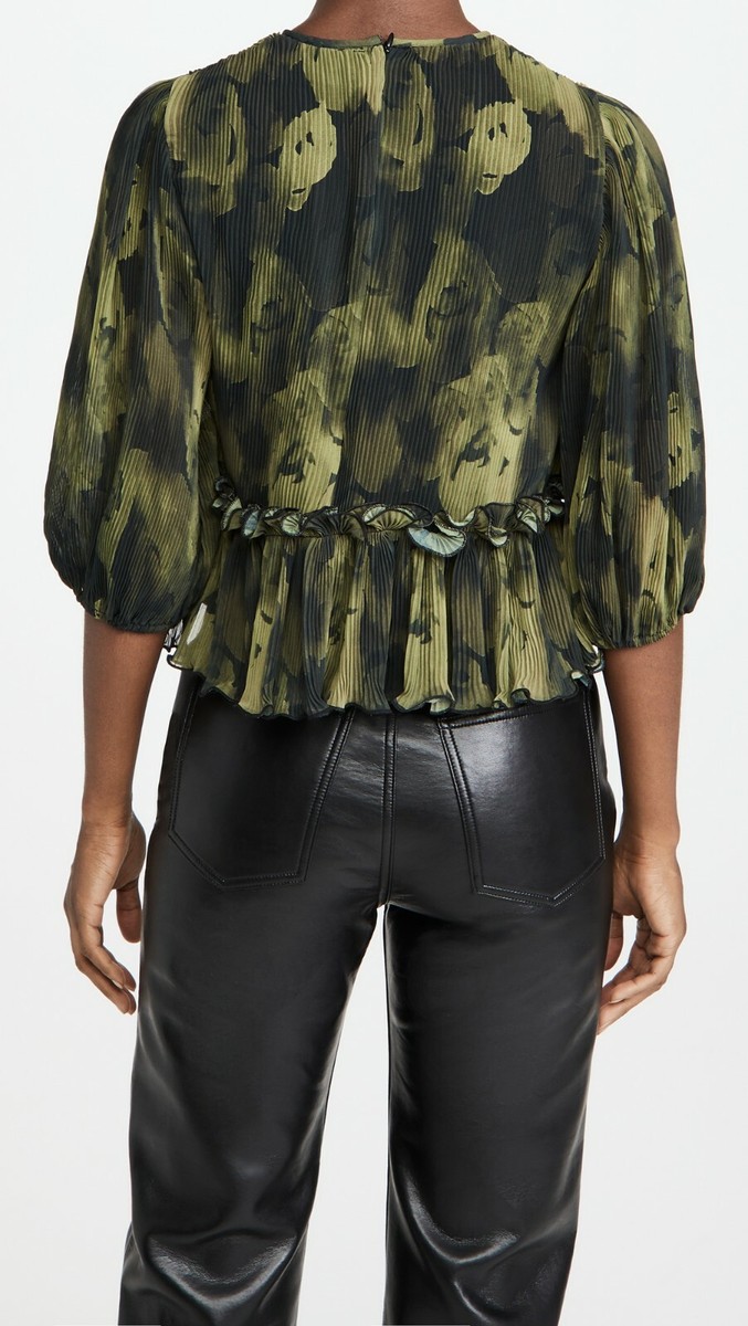 GANNI NWT Pleated Georgette Blouse Olive Drab Size 34 US 2