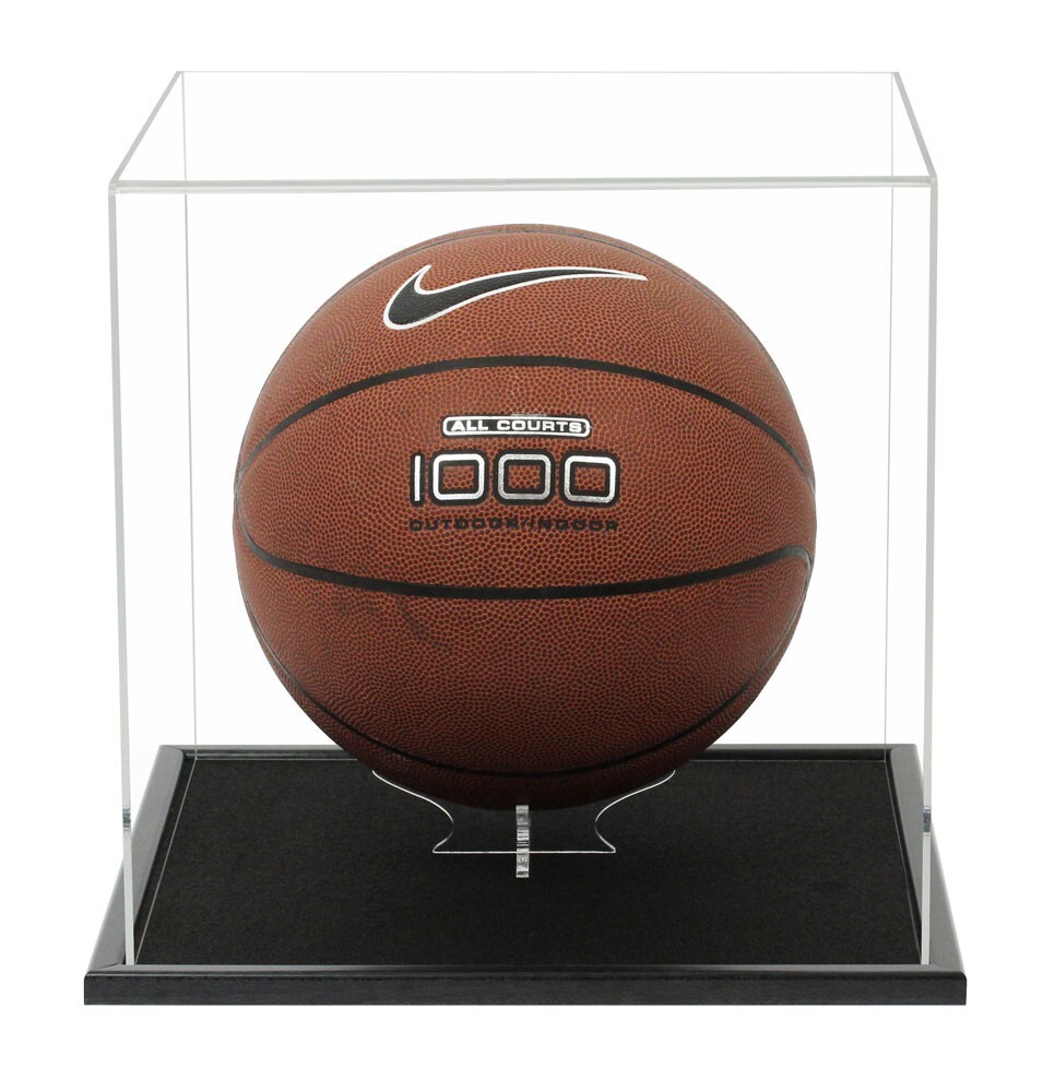 Vitrine en plexiglas premium pour ballon de basket avec support bois de chêne authentique