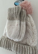 0-3 Months Lined Beige Pink Bobble Cable Knitted Designed Hat  Mittens Set