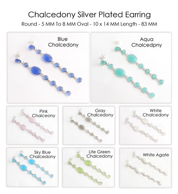 Chalcedony Long Statement Earrings Silver Plated Stud Dangle  Bezel Set Earrings