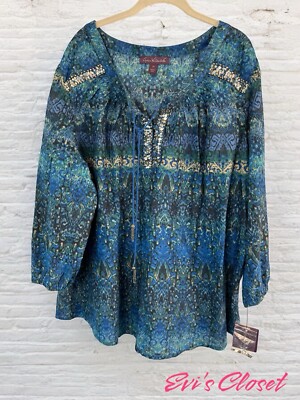 Gloria Vanderbilt Woman's Callie Rich Royal Combo Blouse. Sz 3X Sequins. NWT