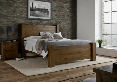 Time4Sleep Solid Wood Rustic Chunky Double 4ft6 Plank Bed Frame Oak Finish New