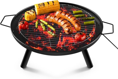 Outdoor Fire Pit Bowl 23 in Round Firepit with Grill and Fireplace Poker for BBQ