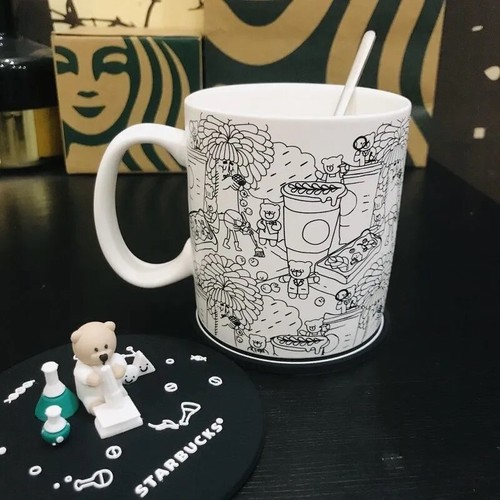 HOT Starbucks Lovely Bear Ceramic Cup set Coffee Mug w/ lid spoon