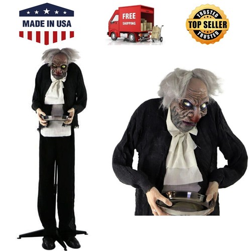 LifeSize Animatronic Halloween Zombie Prop Moaning Butler Silver Candy