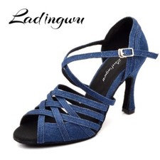 Women Latin Salsa Tango Denim Dance Shoes Ballroom Profession Shoes Cuban Heel