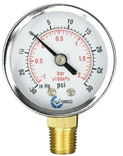 2" Vacuum Gauge - Chrome Plated Steel Case, 1/4" NPT, Lower Mnt. -30Hg/+30 psi