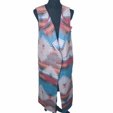 Southwest Aztec Woven Maxi Vest With Split Back Detail And Side Slit Pockets S