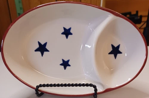 HARTSTONE POTTERY Small Divided Oval Dish Bowl Blue Stars Patriotic
