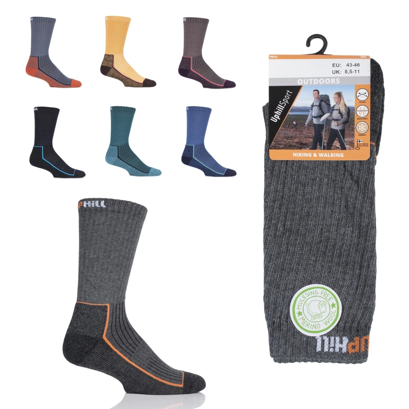 Hiking Socks UpHill Sport- Made in Finland Outdoor Cushioned Breathable - 1 Pair