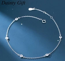 Women 925 Sterling Silver Round Cubic Zircon Bead Chain Anklet Bracelet 8-9.2"