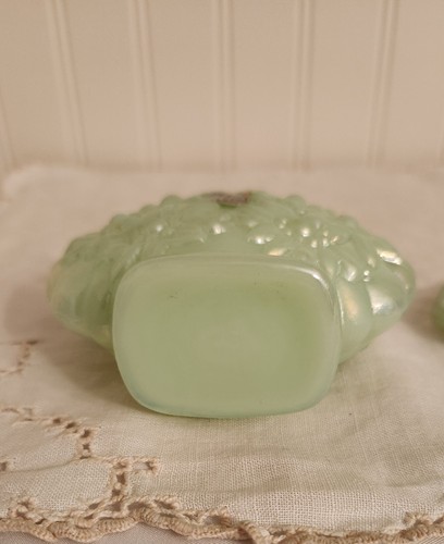 Fenton Sea Mist Green Iridescent Perfume Bottle & Stopper Embossed Flower Design - Picture 12 of 14