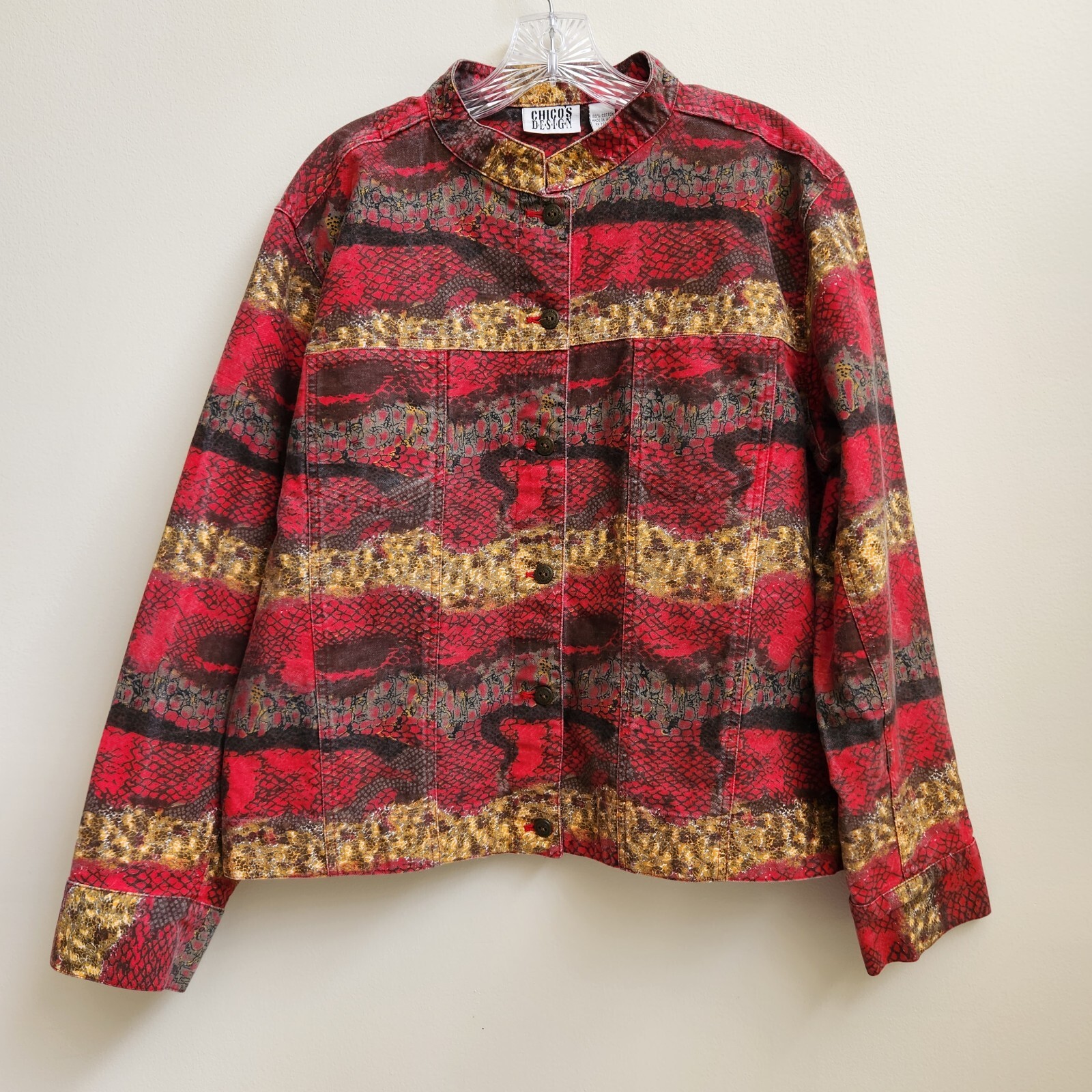 Chicos Southwestern Red Leopard Print Denim Jacket Womens Size 3 Santafe Chic