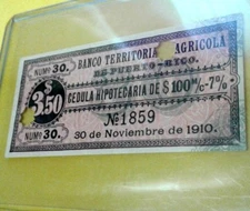 $3.5 Billete Colonial BANCO TERRITORIAL AGRICOLA Spanish PUERTO RICO Credit Note