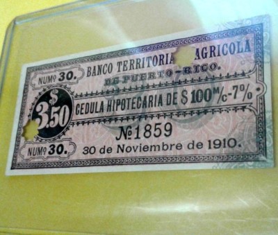 $3.5 Billete Colonial BANCO TERRITORIAL AGRICOLA Spanish PUERTO RICO Credit Note