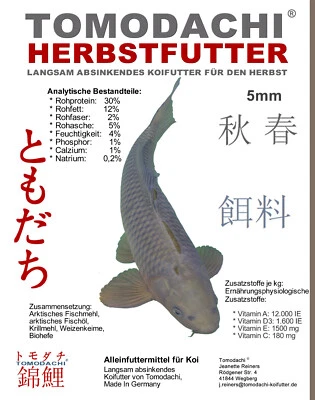 Koifutter Herbstfutter Sinkfutter Koi Energiefutter für Koi Tomodachi 3kg Eimer