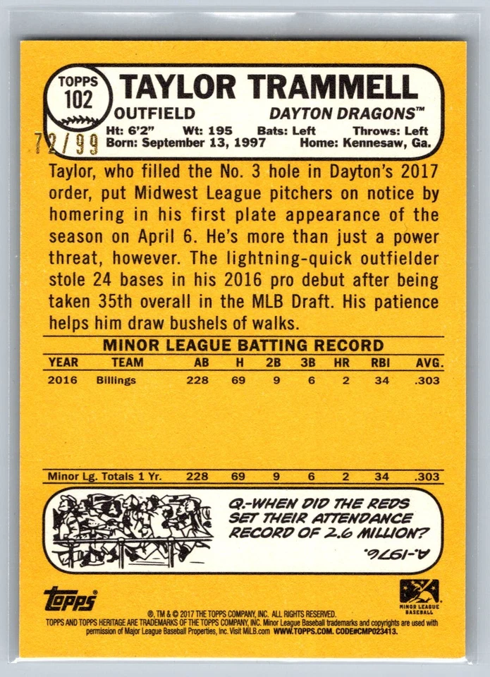 2017 Topps Heritage Minor League #102 Taylor Trammell Blue Border #/99 - Image 2 of 2