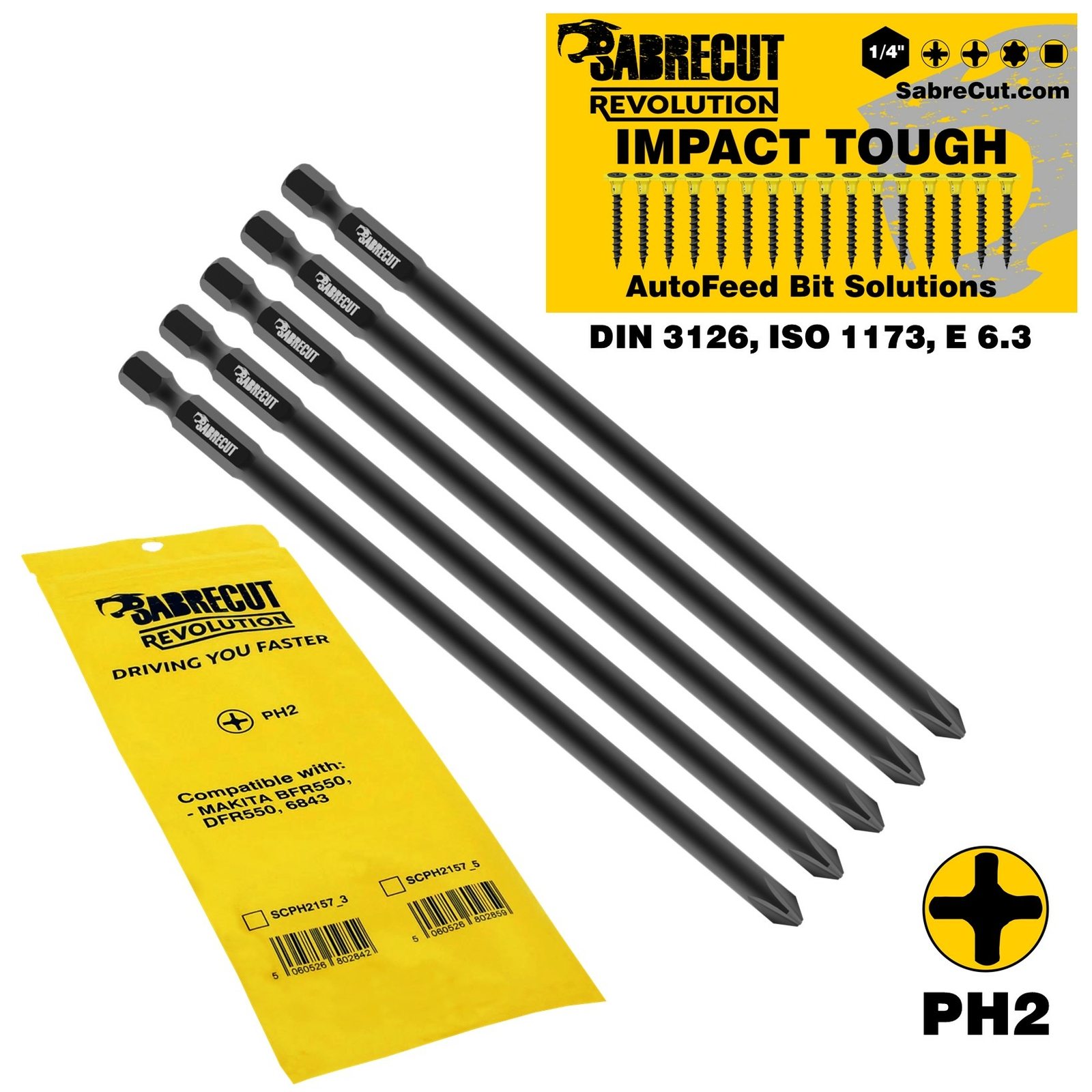 SabreCut Autofeed Makita Drywall Screwdriver Gun Bit PH2 x5 BFR550 6843