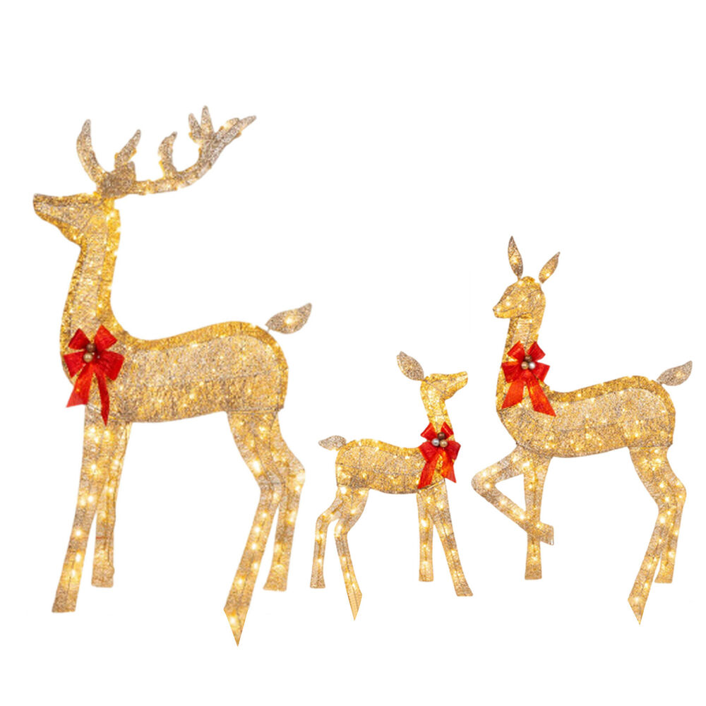 3PCS Light-Up Deer with Red Bows Christmas Lighted Reindeer 