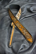 Guitar strap leather tooled all hand made in USA oak leaf 3" new dark design