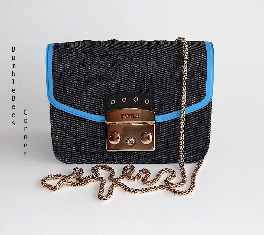 FURLA METROPOLIS TESSUTO JEANS Blue Denim FLOWER Mini Crossbody