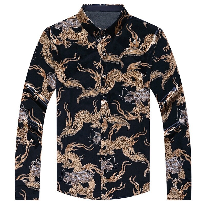 Men Velvet Shirt Chinese Gold Dragon Print Retro Animal