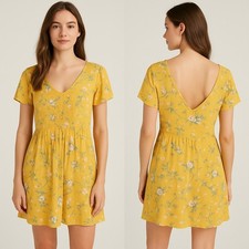 Old Navy Size 1x V Neck Knee Length DRESS Yellow Floral