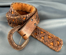 Vintage Mexico Made Hand Tooled Leather Belt with Buckle Size Medium