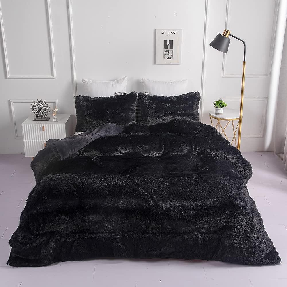 Faux Fur Plush Black Comforter Sets Full/Queen - Ultra Soft Shaggy Flannel Ve...