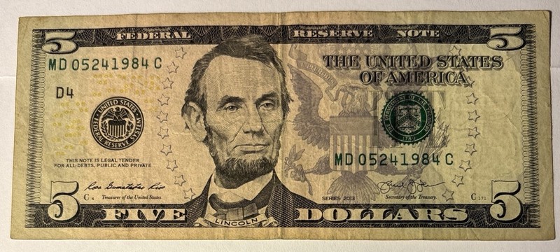 BIRTHDAY/ANNIVERSARY $5.00 CURRENCY Note 05-24-1984