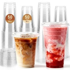 100 Pack 16oz 24oz Clear Plastic Cups with Sip Lids 16oz 24oz 100 Pack