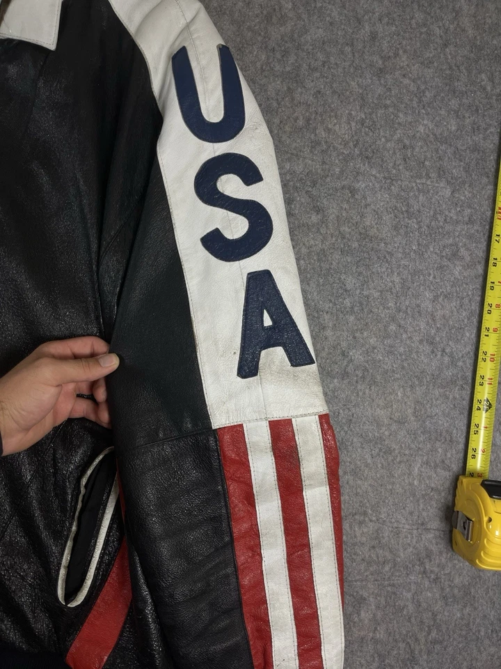 Vintage Michael Hoban Leather Jacket Mens 2XL Tall USA Flag Motorcylcle 90s - Image 3 of 4