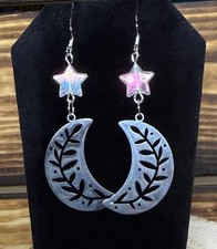 NEW Stainless Steel Crescent Moon Earrings w/ Iridescent Star